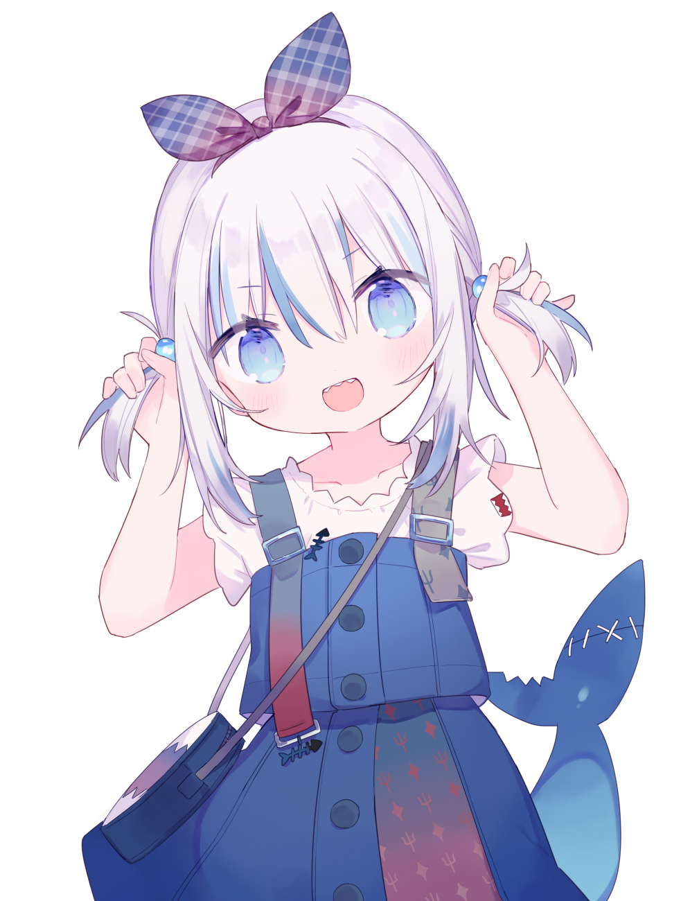 1girl :d bag blue_bow blue_eyes blue_hair blue_skirt bow bow_hairband buttons fins fish_bone fish_tail gawr_gura grey_hair hair_between_eyes hair_bobbles hair_bow hair_ornament hairband handbag highres hololive hololive_english looking_at_viewer medium_hair mizumizu_(phoenix) multicolored_hair official_alternate_costume plaid plaid_bow shark_girl shark_tail sharp_teeth shirt short_sleeves short_twintails sidelocks simple_background skirt smile solo streaked_hair suspenders tail teeth twintails two_side_up upper_body virtual_youtuber white_background white_shirt