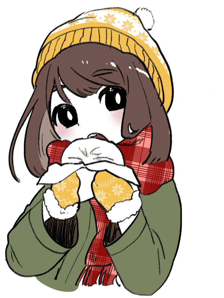 1girl bangs beanie black_eyes bright_pupils brown_hair coat food green_coat hat holding holding_food long_hair long_sleeves machigami_yoh open_mouth original plaid plaid_scarf print_headwear print_mittens red_scarf scarf simple_background solo white_background white_pupils winter_clothes yellow_headwear yellow_mittens