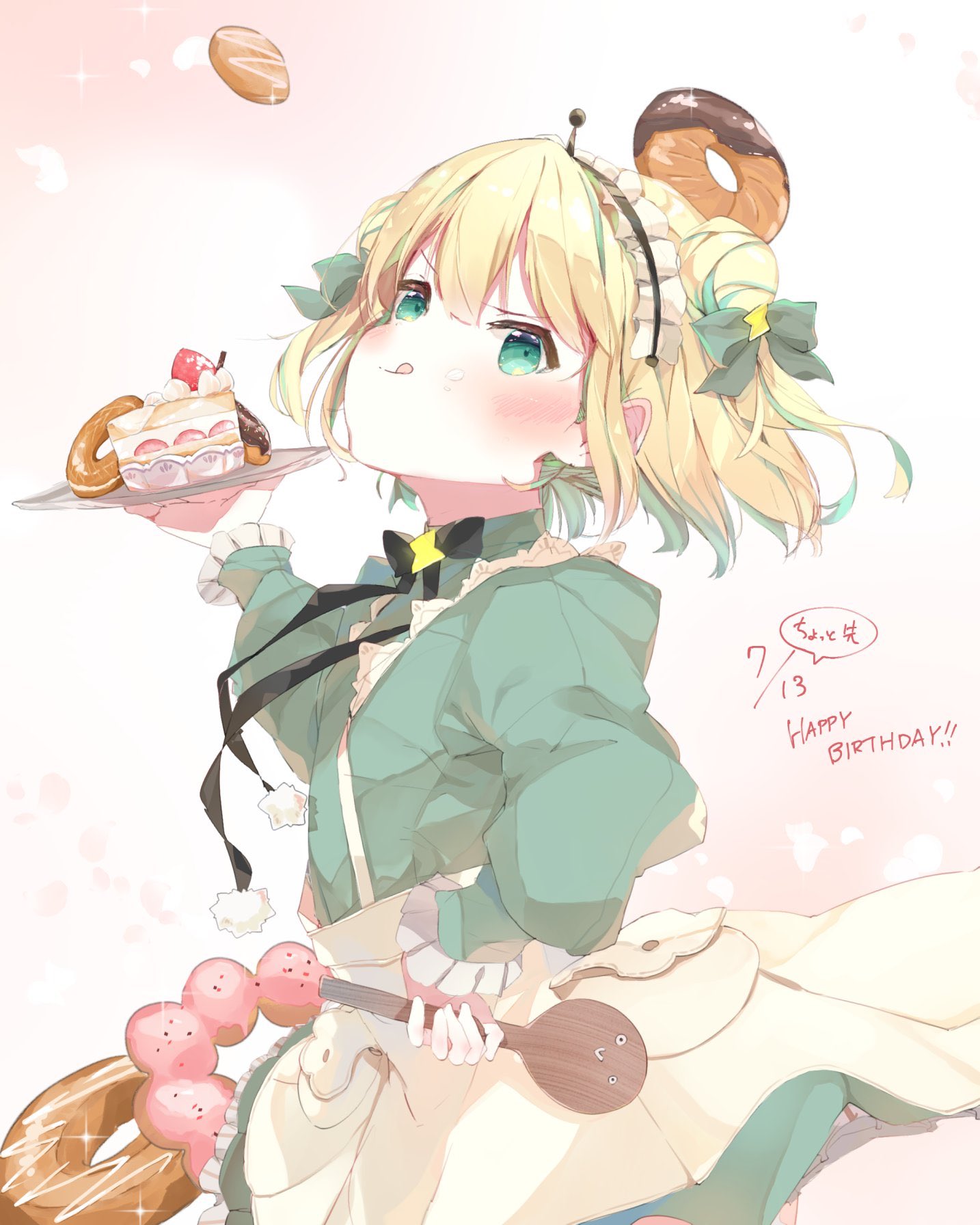 1girl amano_pikamee blonde_hair blue_bow blush bow cake dessert double_bun doughnut food fruit green_eyes green_hair hair_bow hair_bun hair_ornament headband highres holding holding_tray looking_at_viewer medium_hair multicolored_hair ryo_(ryo_skrdi) strawberry strawberry_shortcake streaked_hair tomoe_(amano_pikamee) tray virtual_youtuber voms