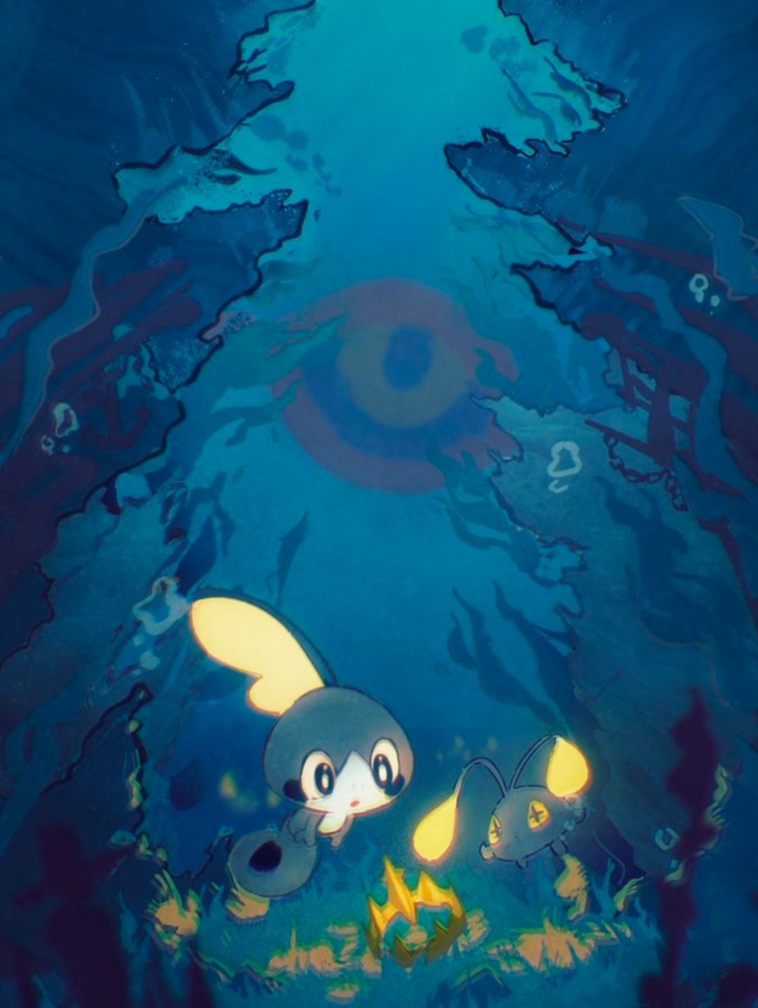 +_+ air_bubble arc_draws blue_eyes bright_pupils bubble chinchou commentary glowing highres king's_rock kyogre no_humans parted_lips pokemon pokemon_(creature) sobble symbol-only_commentary underwater white_pupils yellow_eyes