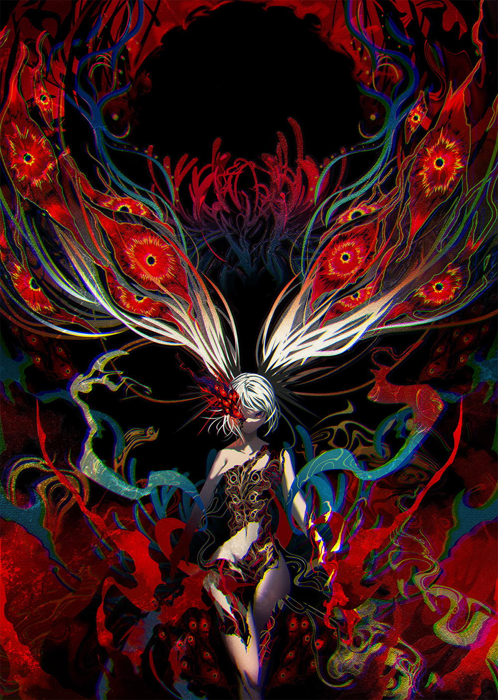 1girl abstract absurdly_long_hair berryverrine chromatic_aberration collarbone colored_sclera cracked_skin extra_eyes flower highres long_hair nude original red_eyes red_sclera solo spider_lily twintails very_long_hair white_hair