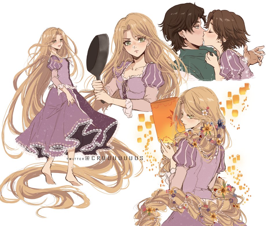 1boy 1girl bangs barefoot blonde_hair breasts brown_hair closed_mouth collarbone criis-chan dress flower flynn_rider from_behind from_side frying_pan green_eyes hair_flower hair_ornament hetero holding holding_frying_pan juliet_sleeves lamp long_hair long_sleeves looking_at_viewer parted_hair pink_dress profile puffy_sleeves rapunzel_(disney) short_hair small_breasts smile tangled twitter_username very_long_hair white_flower yellow_flower