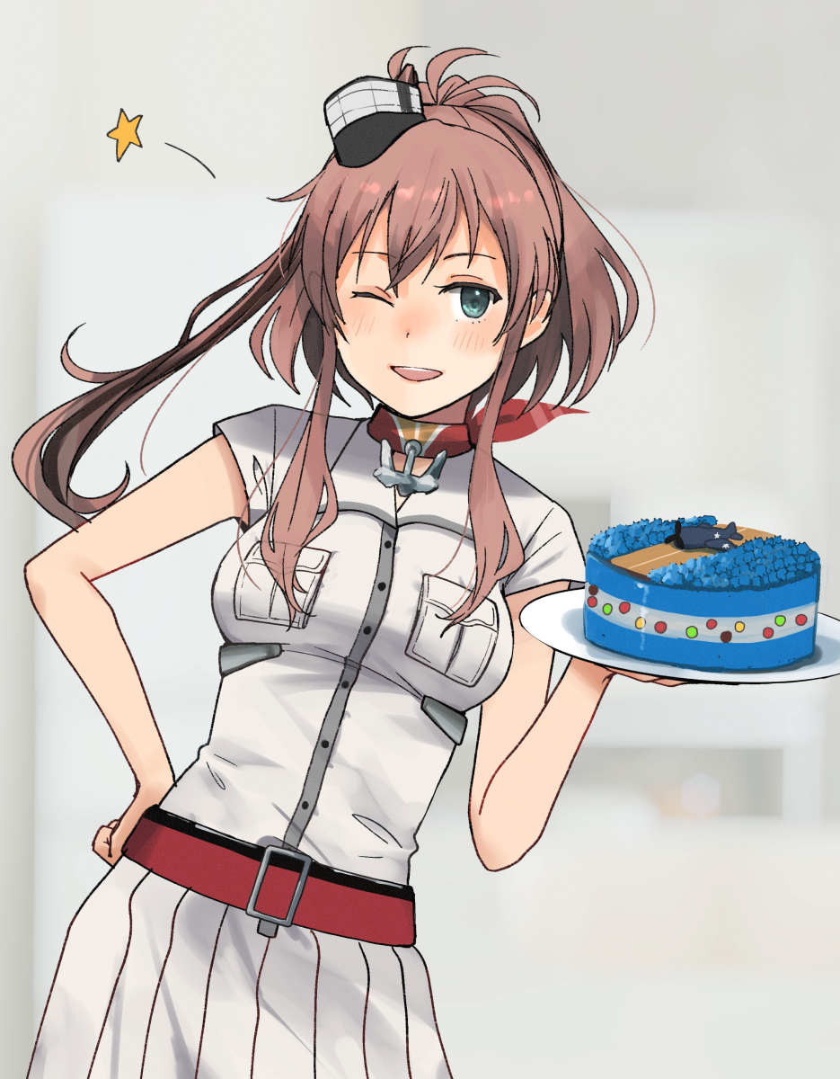 1girl anchor anchor_symbol annin_musou blue_eyes breast_pocket brown_hair cake commentary_request commission cowboy_shot dress food hair_between_eyes highres kantai_collection long_hair looking_at_viewer neckerchief pocket ponytail red_neckerchief saratoga_(kancolle) side_ponytail sidelocks smokestack smokestack_hair_ornament solo white_dress