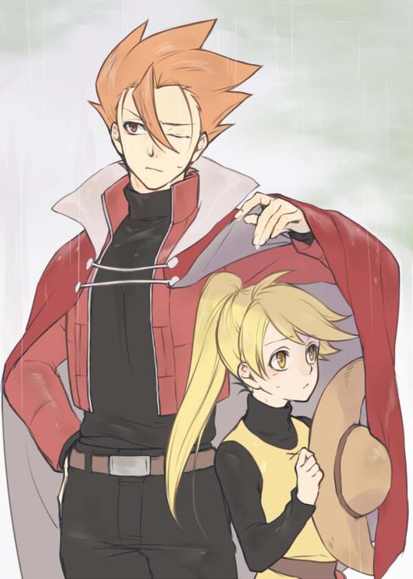 1boy 1girl bangs belt belt_buckle black_pants black_shirt blonde_hair brown_belt buckle cape closed_mouth commentary_request hair_between_eyes hand_on_hip hand_up hat holding holding_clothes holding_hat jacket lance_(pokemon) long_hair long_sleeves mocollie one_eye_closed open_clothes open_jacket orange_hair pants pokemon pokemon_adventures ponytail rain red_cape red_jacket shirt short_hair spiky_hair yellow_(pokemon) yellow_tunic