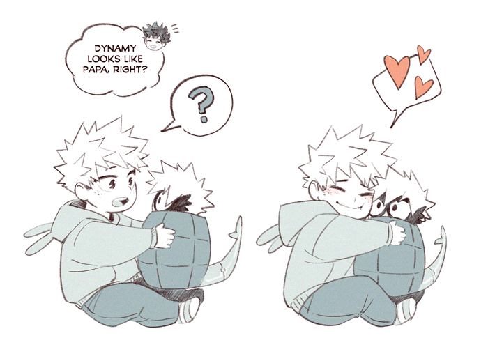 2boys 5mll3 ? animal_hood bakugou_katsuki blush boku_no_hero_academia child closed_eyes closed_mouth commentary dynamy_(boku_no_hero_academia) english_commentary english_text freckles full_body heart hood hood_down hoodie if_they_mated long_sleeves looking_at_another male_child male_focus midoriya_izuku multiple_boys open_mouth pants short_hair simple_background sitting smile spiky_hair spoken_heart spoken_question_mark white_background