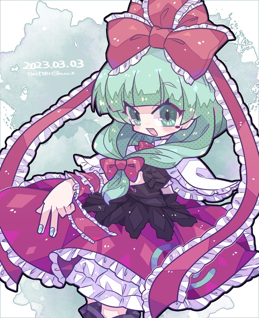 1girl arm_ribbon black_dress blush bow dated dress frilled_bow frilled_ribbon frills front_ponytail green_eyes green_hair hair_bow hair_ribbon harunori_(hrnrx) kagiyama_hina long_hair open_mouth red_bow red_dress red_ribbon ribbon short_sleeves smile solo touhou twitter_username upper_body