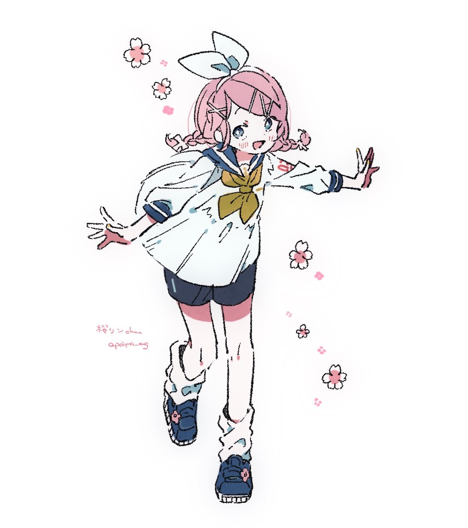 :d alternate_hair_color alternate_hairstyle bangs blue_eyes blue_footwear blue_sailor_collar blush braid cherry_blossom_print cherry_blossoms floral_print grey_shorts hazime kagamine_rin knee_pads knees long_sleeves looking_at_viewer loose_socks neckerchief number_print outstretched_arms pigeon-toed pink_hair print_footwear sailor_collar sailor_shirt sakura_rin shirt shoes shorts sideways_glance single_knee_pad sleeves_past_elbows smile sneakers socks standing standing_on_one_leg swept_bangs treble_clef twin_braids vocaloid white_shirt white_socks yellow_neckerchief