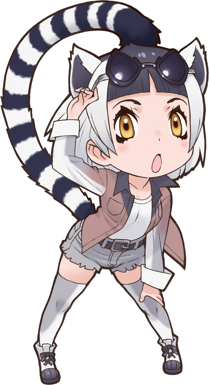 1girl animal_ears belt black_hair extra_ears grey_hair highres jacket kemono_friends kneehighs looking_at_viewer multicolored_hair official_art open_mouth ring-tailed_lemur_(kemono_friends) shirt shoes short_hair shorts socks solo striped_tail sunglasses tail transparent_background two-tone_hair yellow_eyes yoshizaki_mine