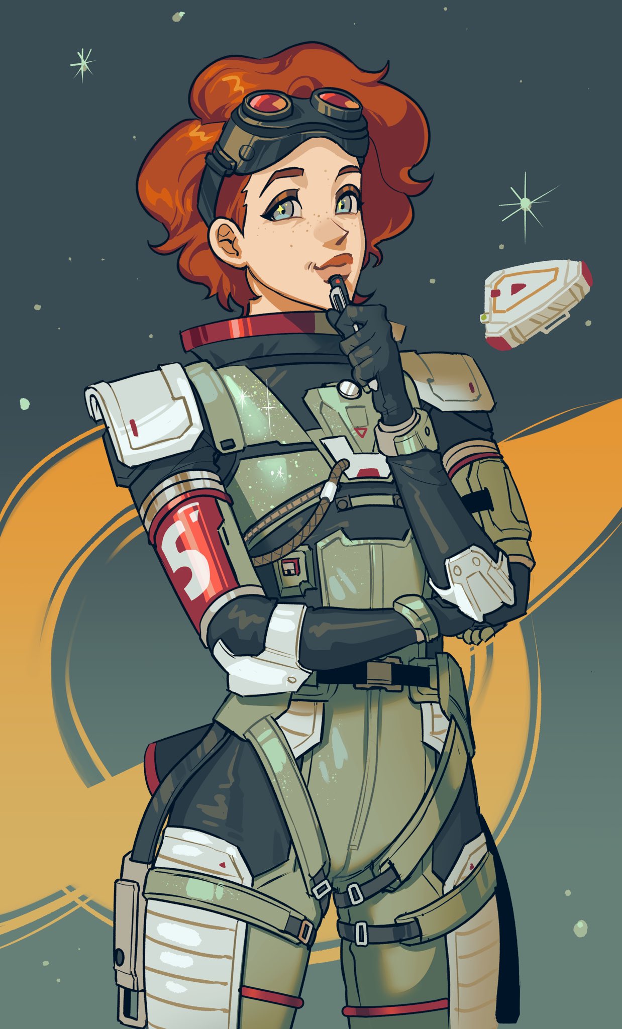 1girl animification apex_legends black_gloves blue_eyes commentary freckles gloves goggles goggles_on_head hair_behind_ear highres holding holding_pen horizon_(apex_legends) jui_(dirtybigrat) looking_at_viewer pen pen_to_mouth short_hair smile solo space spacesuit symbol-only_commentary thick_lips