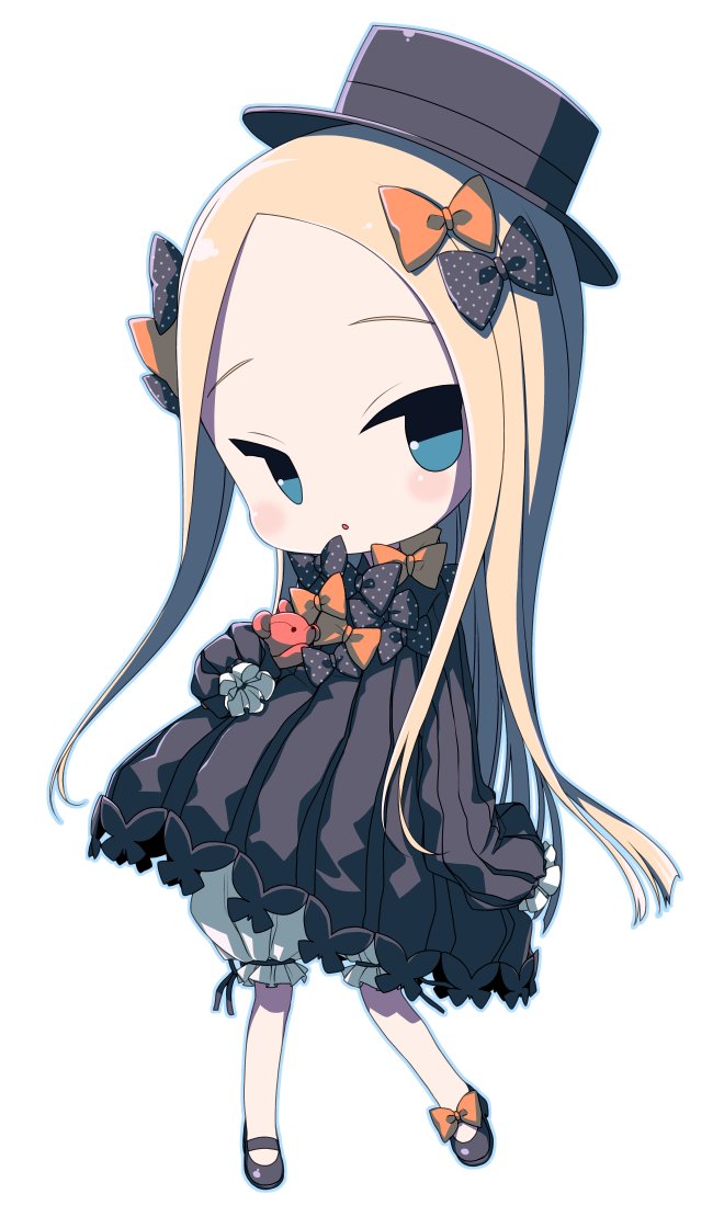 1girl :o abigail_williams_(fate) bangs black_bow black_dress black_footwear black_headwear blonde_hair bloomers blue_eyes blush bow chibi dress fate/grand_order fate_(series) footwear_bow forehead full_body hair_bow holding holding_stuffed_toy long_hair looking_at_viewer mary_janes miyasaka_takaji multiple_hair_bows open_mouth orange_bow parted_bangs polka_dot polka_dot_bow shoes simple_background sleeves_past_fingers sleeves_past_wrists solo stuffed_animal stuffed_toy teddy_bear underwear very_long_hair white_background white_bloomers