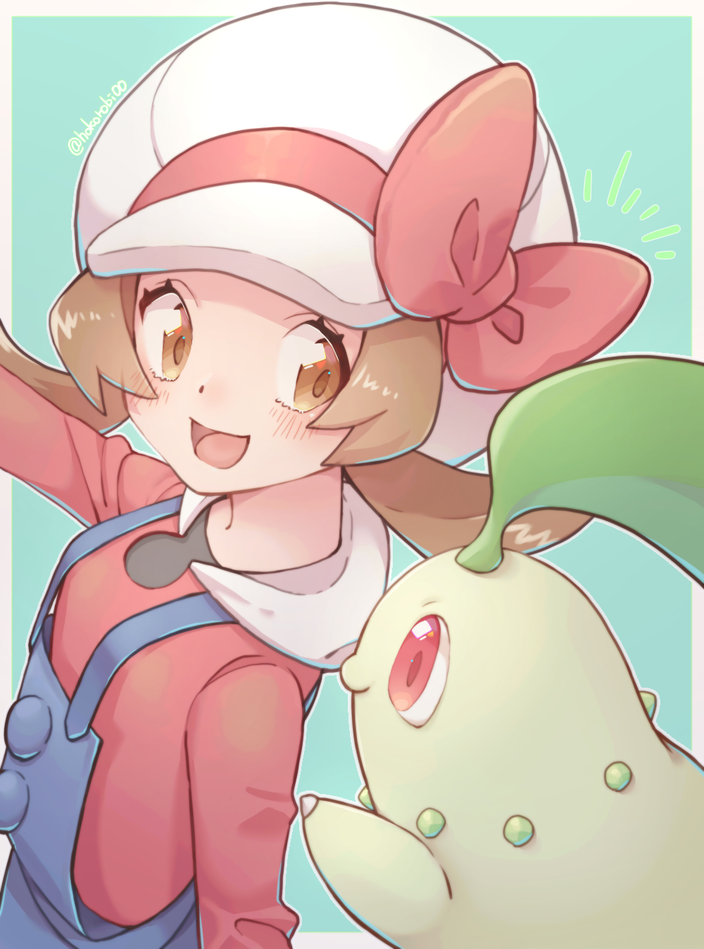 1girl blue_overalls blush bow brown_eyes brown_hair cabbie_hat chikorita closed_mouth from_side green_background hat highres looking_back low_twintails lyra_(pokemon) open_mouth overalls pokemon pokemon_(creature) pokemon_(game) pokemon_hgss red_bow red_eyes red_shirt s_(happycolor_329) shirt smile twintails