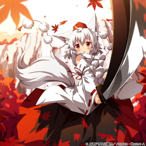 1girl animal_ears bangs black_skirt blush hair_between_eyes hat holding holding_sword holding_weapon inubashiri_momiji japanese_clothes leaf maple_leaf open_mouth pom_pom_(clothes) red_eyes red_headwear ribbon-trimmed_sleeves ribbon_trim short_hair skirt solo sword tail tokin_hat touhou ugume weapon white_hair white_sleeves wide_sleeves wolf_ears wolf_tail