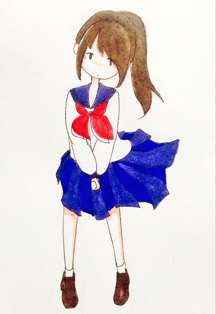 1girl bangs blue_sailor_collar blue_skirt brown_footwear brown_hair commentary full_body long_hair long_sleeves looking_at_viewer neckerchief original own_hands_together ponytail red_neckerchief sailor_collar sailor_shirt school_uniform serafuku shirt shoes simple_background skirt socks solo standing tokunaga_aoi traditional_media v_arms white_background white_shirt white_socks