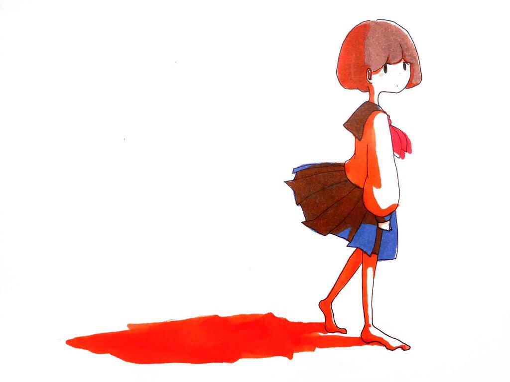 1girl bangs barefoot blue_sailor_collar blue_skirt bob_cut brown_hair colored_shadow commentary from_side full_body long_sleeves looking_at_viewer looking_to_the_side neckerchief original pleated_skirt red_neckerchief sailor_collar sailor_shirt school_uniform serafuku shadow shirt short_hair simple_background skirt solo standing tokunaga_aoi traditional_media walking white_background white_shirt wind