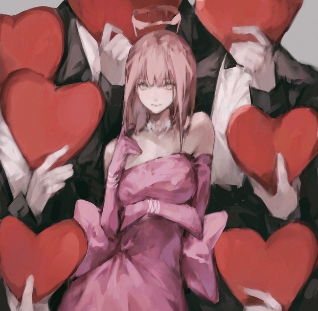 1girl bangs bare_shoulders bcy_289865285509564 blunt_bangs bow chainsaw_man closed_mouth detached_sleeves dress gloves halo heart looking_at_viewer makima_(chainsaw_man) multiple_hands pink_bow pink_dress pink_gloves pink_hair straight_hair yellow_eyes