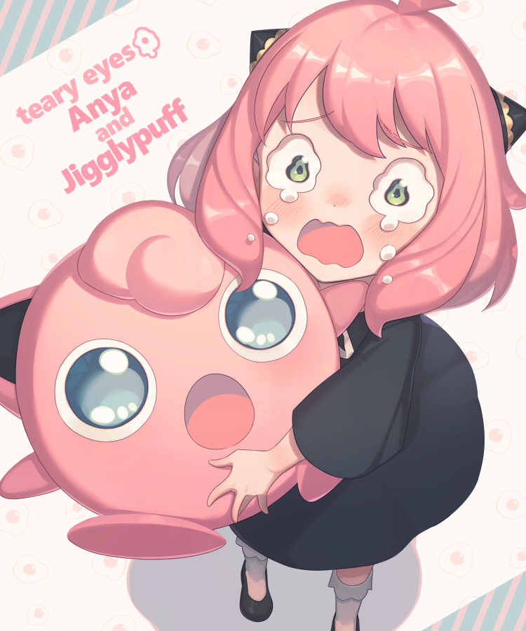 1girl :o ahoge anya_(spy_x_family) bangs black_dress black_footwear blue_eyes blush bobby_socks character_name commentary_request crossover crying crying_with_eyes_open dress green_eyes hairpods holding holding_pokemon jigglypuff looking_at_viewer medium_hair miri_(cherryjelly) open_mouth pink_hair pokemon pokemon_(creature) raised_eyebrows shoes short_sleeves sidelocks simple_background socks spy_x_family standing striped striped_background tears wavy_mouth white_socks