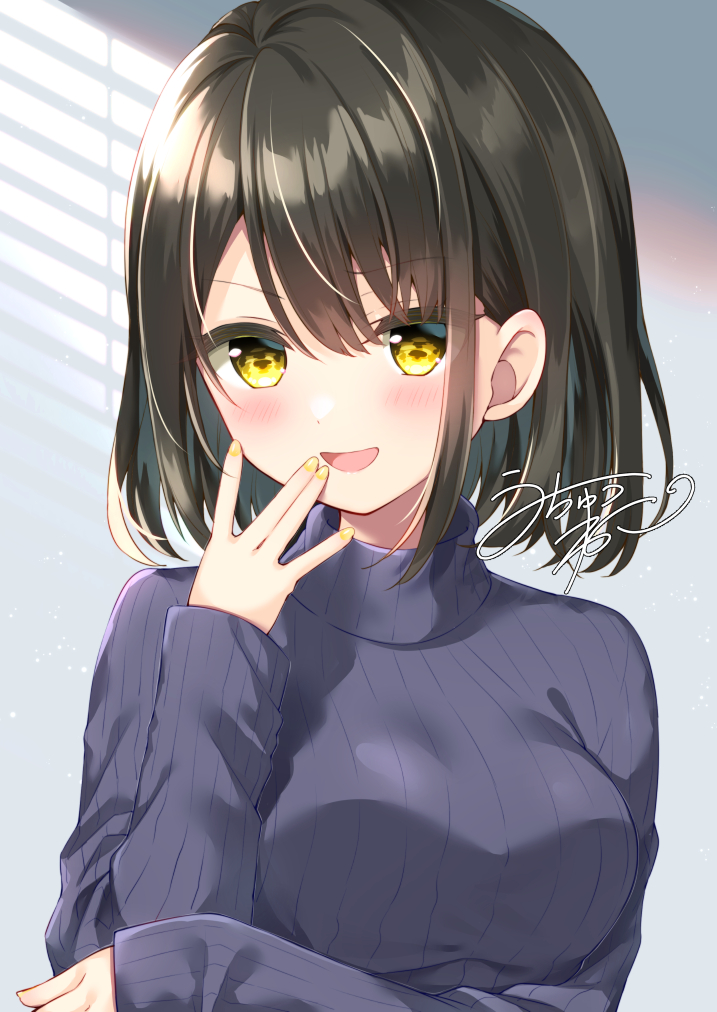 1girl :d bangs black_hair blue_sweater blush breasts commentary_request commission hair_between_eyes hand_up long_sleeves looking_at_viewer medium_breasts nail_polish original ribbed_sweater signature skeb_commission sleeves_past_wrists smile solo sweater turtleneck turtleneck_sweater uchuuneko upper_body yellow_eyes yellow_nails