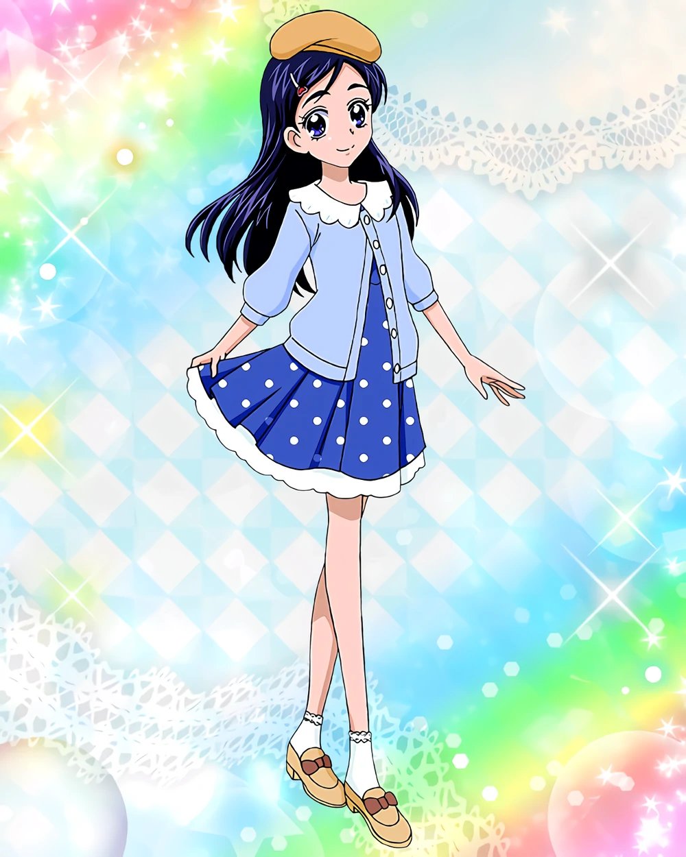 1girl artist_request blue_dress blue_eyes blue_hair casual commentary dress english_commentary eyelashes futari_wa_precure gradient_background hair_ornament hairclip happy highres long_hair looking_at_viewer official_art precure precure_connection_puzzlun shoes smile solo standing third-party_source yukishiro_honoka