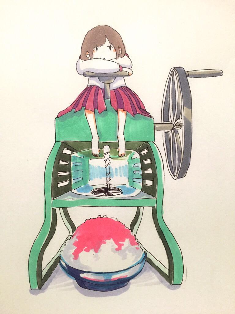 1girl bangs barefoot brown_hair commentary food ice_shaver long_sleeves looking_at_viewer minigirl original pink_skirt pleated_skirt shaved_ice shirt simple_background sitting skirt solo straight-on tokunaga_aoi traditional_media white_background white_shirt wide_shot