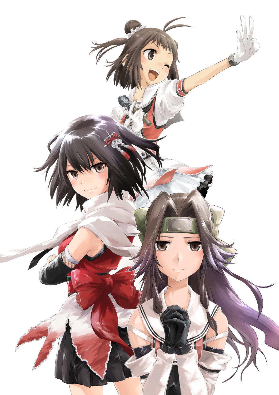 antenna_hair black_gloves black_hair black_skirt brown_eyes brown_hair commentary_request cowboy_shot crossed_arms detached_sleeves double_bun elbow_gloves fingerless_gloves forehead_protector gloves hair_bun hair_intakes half_updo highres idol jintsuu_(kancolle) jintsuu_kai_ni_(kancolle) kantai_collection long_hair looking_at_viewer microphone naka_(kancolle) naka_kai_ni_(kancolle) own_hands_clasped own_hands_together puffy_short_sleeves puffy_sleeves sailor_collar saitou_sakae scarf school_uniform sendai_(kancolle) sendai_kai_ni_(kancolle) serafuku short_sleeves simple_background skirt two_side_up upper_body white_background white_gloves white_sailor_collar white_scarf