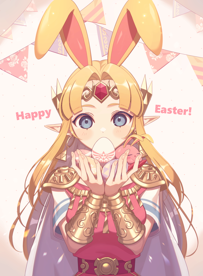 1girl :o animal_ears armor bangs blonde_hair blue_eyes blush blush_stickers bracer cape circlet closed_eyes commentary covered_mouth dress earrings easter easter_egg egg english_commentary eyelashes fake_animal_ears forehead_jewel gem hair_ornament hands_up happy_easter holding hoop_earrings jewelry kirby kirby_(series) long_hair looking_at_viewer miri_(cherryjelly) open_mouth parted_bangs pennant pink_dress pointy_ears princess_zelda rabbit_ears red_gemstone short_sleeves shoulder_armor sidelocks simple_background string_of_flags super_smash_bros. the_legend_of_zelda the_legend_of_zelda:_a_link_between_worlds triforce_earrings upper_body white_cape white_dress