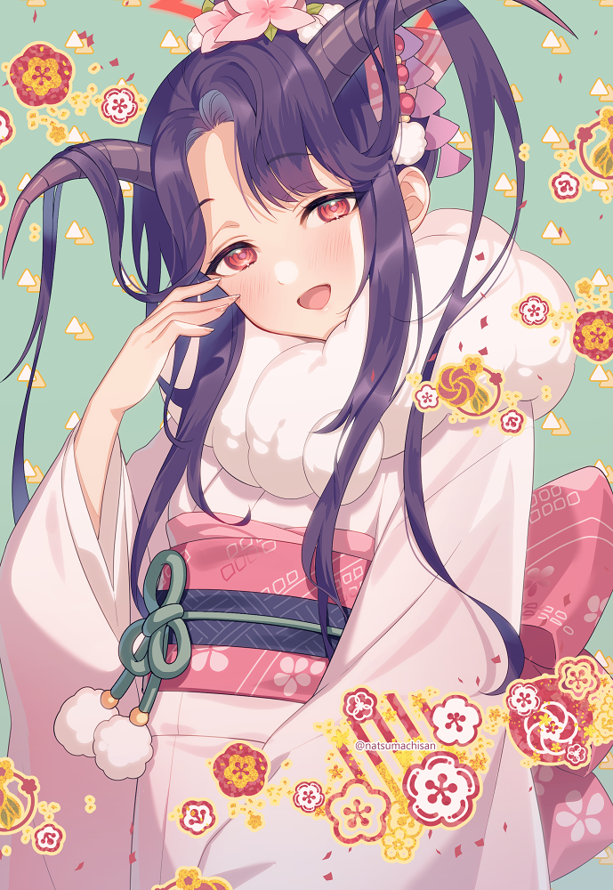 1girl :d bangs black_hair blue_archive commentary_request demon_girl demon_horns flower forehead fur_scarf fuuka_(blue_archive) fuuka_(new_year)_(blue_archive) hair_flower hair_ornament halo head_tilt horns japanese_clothes kimono long_hair long_sleeves looking_at_viewer natsumachisan official_alternate_costume parted_bangs red_eyes sidelocks smile solo wide_sleeves
