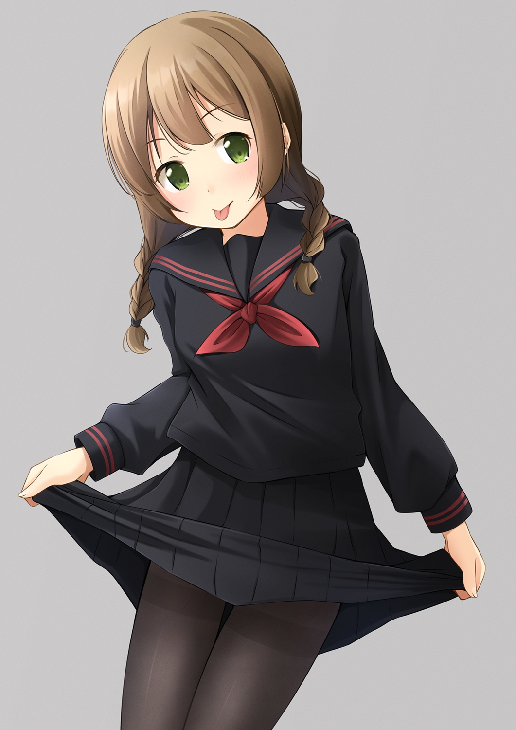 1girl :p bangs black_pantyhose black_sailor_collar black_serafuku black_shirt black_skirt braid closed_mouth commentary_request green_eyes grey_background hair_over_shoulder highres long_hair long_sleeves low_twintails neckerchief original pantyhose pleated_skirt puffy_long_sleeves puffy_sleeves red_neckerchief sailor_collar school_uniform serafuku shibacha shirt simple_background skirt skirt_hold smile solo thighband_pantyhose tongue tongue_out twin_braids twintails