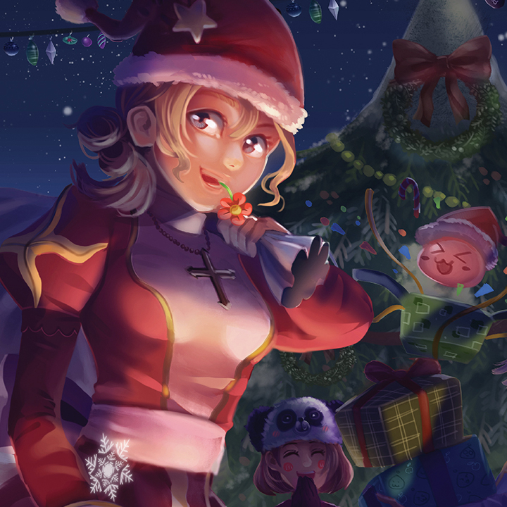 3girls :3 alchemist_(ragnarok_online) bangs blonde_hair blush bow brown_gloves candy candy_cane christmas christmas_tree christmas_wreath closed_eyes commentary confetti cross cross_necklace dress food fur-trimmed_headwear gift gloves grey_eyes hat high_priest_(ragnarok_online) jewelry juliet_sleeves long_sleeves lunacerra merchant_(ragnarok_online) multiple_girls necklace open_mouth out_of_frame panda_hat poring puffy_sleeves ragnarok_online red_bow red_dress red_headwear santa_hat sash short_hair slime_(creature) smile snow two-tone_dress upper_body white_dress white_sash