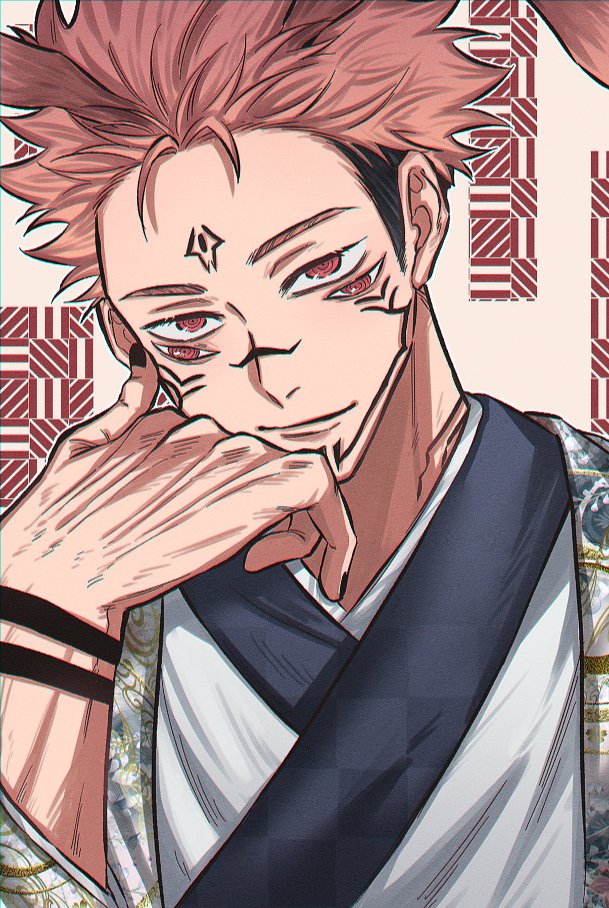 1boy animal_ears arm_tattoo black_nails closed_mouth extra_eyes facial_tattoo fushirun_rung hand_on_own_cheek hand_on_own_face haori highres japanese_clothes jujutsu_kaisen kimono korean_commentary long_sleeves looking_at_viewer male_focus pink_hair rabbit_ears red_eyes ryoumen_sukuna_(jujutsu_kaisen) short_hair smirk solo tattoo white_kimono wide_sleeves