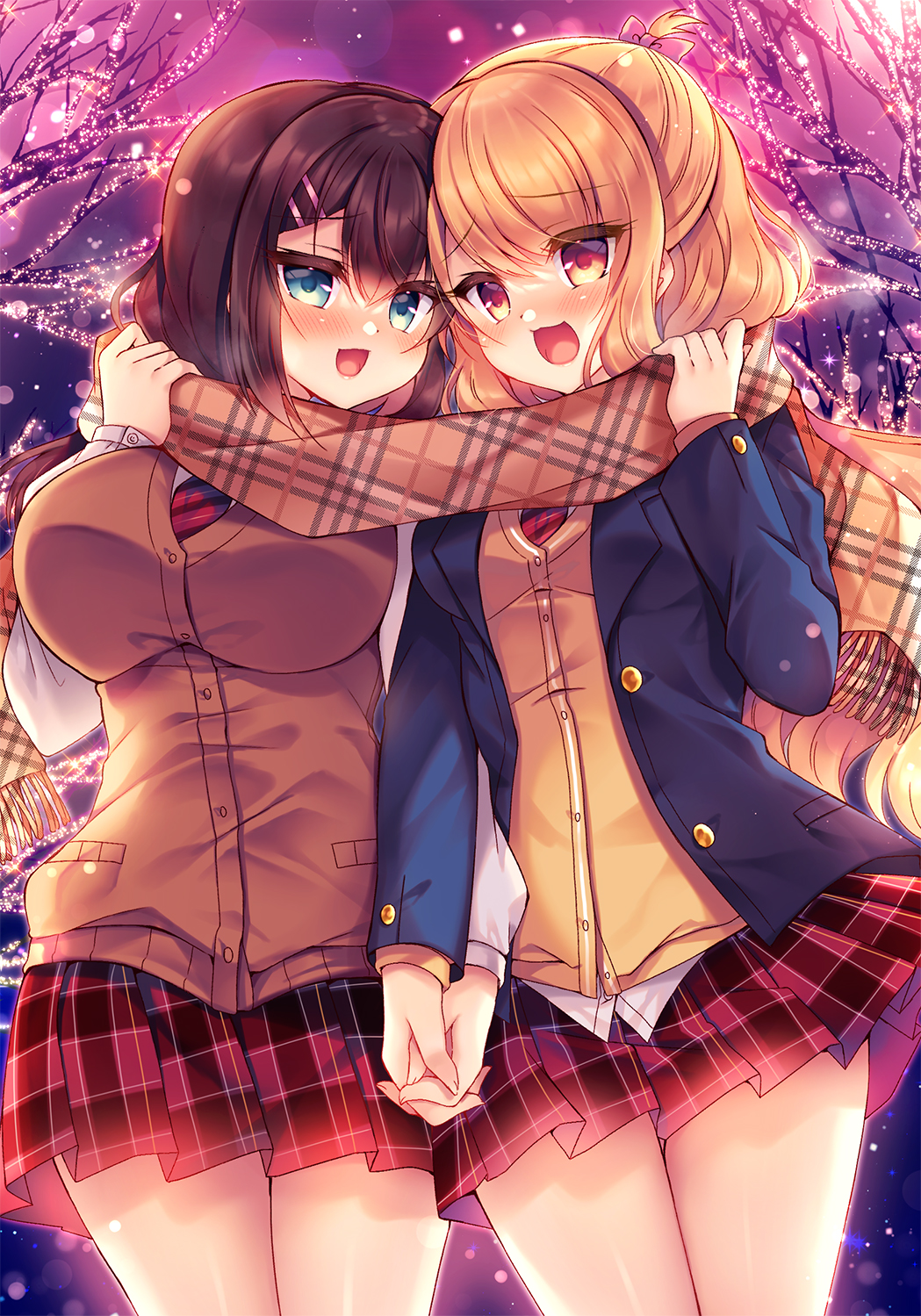 2girls :d bangs bare_tree black_hair blazer blonde_hair blue_jacket blush breasts brown_cardigan brown_scarf cardigan cardigan_vest commentary_request diagonal-striped_necktie fringe_trim green_eyes hair_between_eyes hair_ornament hairclip hand_up highres holding_hands interlocked_fingers jacket large_breasts long_hair long_sleeves multiple_girls necktie nose_blush open_clothes open_jacket original outdoors plaid plaid_scarf plaid_skirt pleated_skirt puffy_long_sleeves puffy_sleeves red_eyes red_necktie red_skirt scarf school_uniform shared_clothes shared_scarf shirt skirt small_breasts smile suzunone_rena tree unmoving_pattern very_long_hair white_shirt yuri