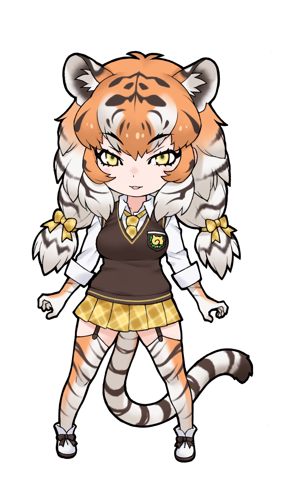 1girl animal_ears cardigan extra_ears gloves highres kemono_friends kneehighs long_hair looking_at_viewer necktie official_art open_mouth orange_hair ribbon shirt shoes siberian_tiger_(kemono_friends) simple_background skirt socks solo tail tiger_ears tiger_girl tiger_tail twintails yellow_eyes yoshizaki_mine