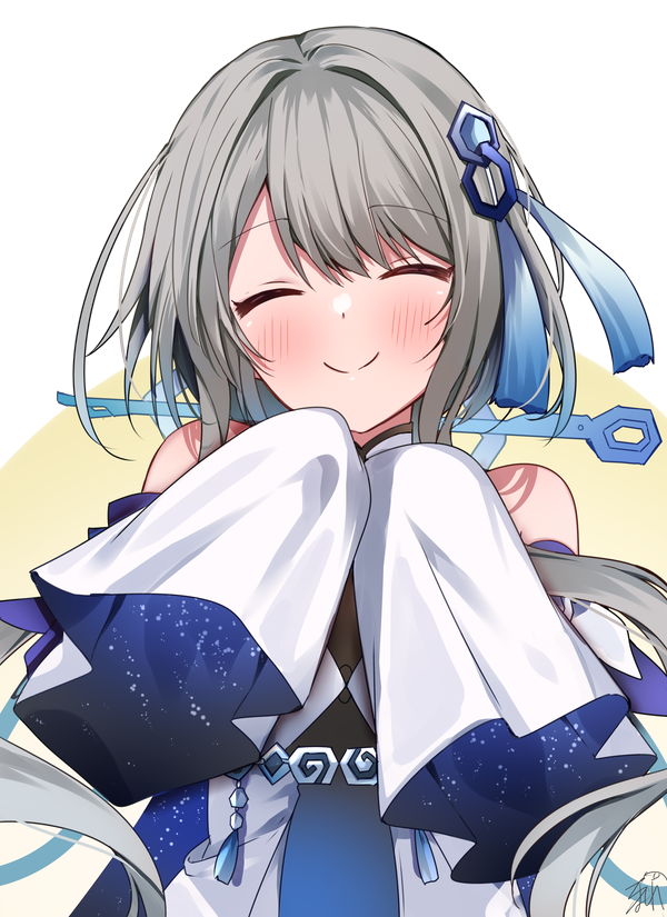 1girl bangs bare_shoulders blue_dress blush chinese_clothes closed_eyes closed_mouth detached_sleeves dress genshin_impact grey_hair guizhong_(genshin_impact) hair_between_eyes hair_ornament hands_up long_sleeves omuretsu short_hair short_hair_with_long_locks sidelocks simple_background smile solo tassel tassel_hair_ornament two-tone_dress upper_body white_background white_dress wide_sleeves yellow_background