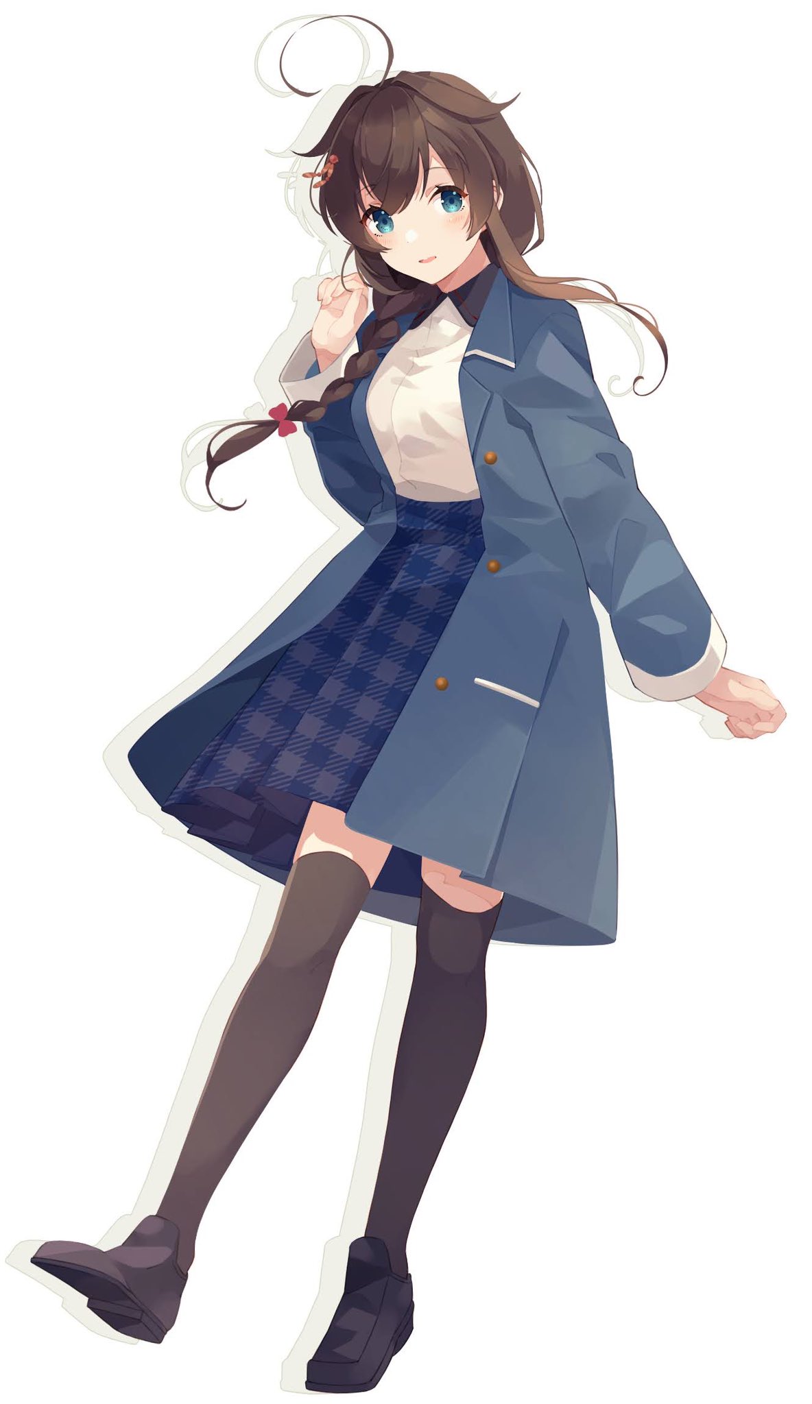 1girl ahoge bangs black_footwear black_thighhighs blue_coat blue_eyes blue_skirt blush braid brown_hair buttons coat full_body hair_between_eyes highres kantai_collection long_hair long_sleeves open_clothes open_coat open_mouth shakemi_(sake_mgmgmg) shigure_(kancolle) shigure_kai_san_(kancolle) shirt shoes simple_background single_braid skirt solo thigh-highs white_background white_shirt