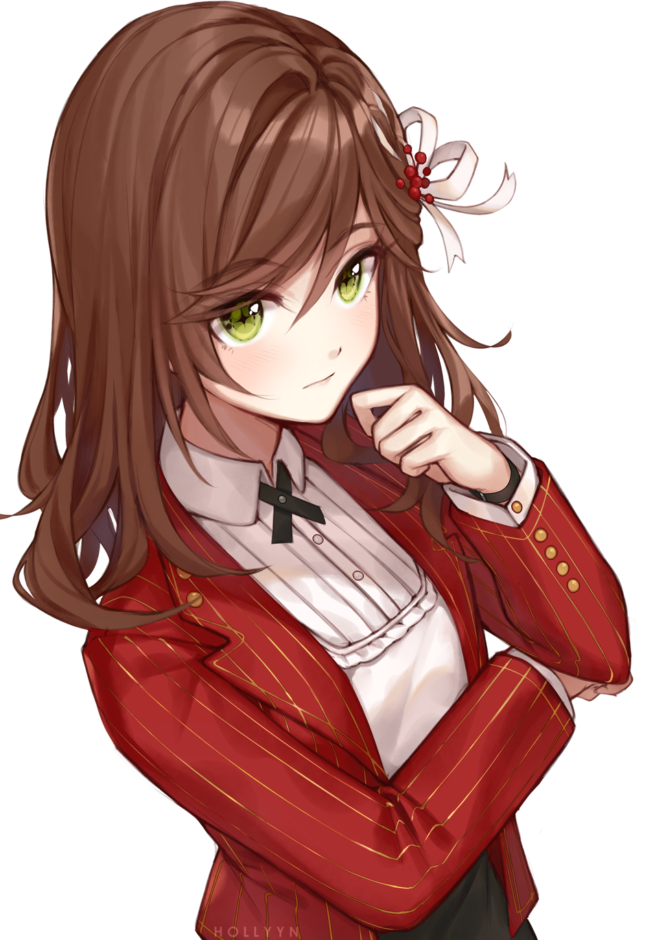 1girl artist_name bangs black_skirt brown_hair closed_mouth collared_shirt green_eyes hair_ornament highres hollyyn jacket long_hair long_sleeves looking_at_viewer red_jacket rosa_(tears_of_themis) shirt simple_background skirt solo tears_of_themis upper_body white_background white_shirt