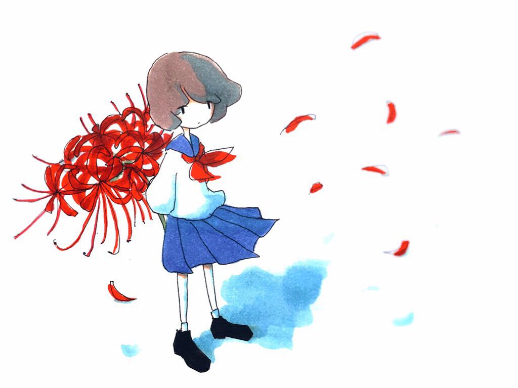 1girl arms_behind_back bangs black_footwear blue_sailor_collar blue_skirt brown_hair commentary flower full_body holding holding_flower long_sleeves looking_at_viewer minigirl neckerchief original petals pleated_skirt red_flower red_neckerchief sailor_collar sailor_shirt school_uniform serafuku shadow shirt shoes short_hair simple_background skirt socks solo spider_lily standing tokunaga_aoi traditional_media white_background white_shirt white_socks wind