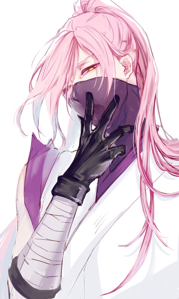 1boy bandaged_arm bandages bangs black_gloves cherry_blossom_(sk8) gloves half-closed_eyes hand_on_own_face japanese_clothes kimono long_hair looking_at_viewer male_focus mask mouth_mask ninja_mask open_mouth pink_hair ponytail simple_background sk8_the_infinity sleeveless sleeveless_kimono solo swept_bangs tet_24 upper_body white_background white_kimono yellow_eyes