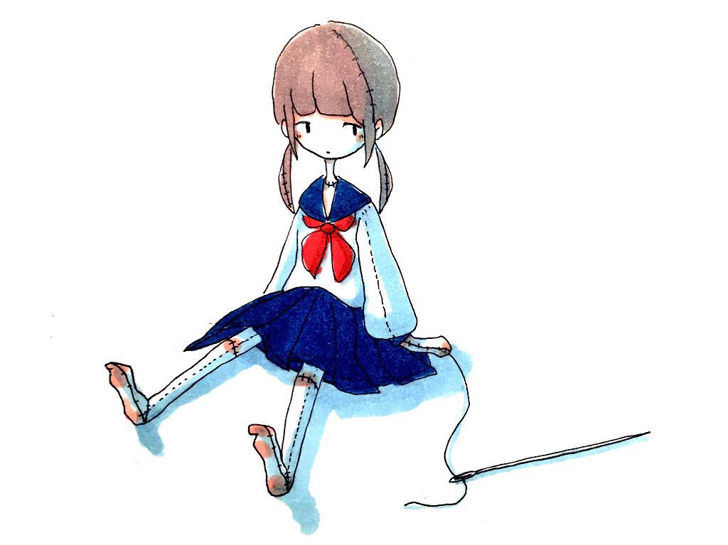 1girl bangs barefoot blue_sailor_collar blue_skirt brown_hair commentary doll full_body long_hair long_sleeves looking_at_viewer neckerchief needle original pleated_skirt red_neckerchief sailor_collar sailor_shirt school_uniform serafuku sewing_needle shirt sidelocks sideways_glance simple_background sitting skirt solo stitches thread tokunaga_aoi traditional_media twintails white_background white_shirt