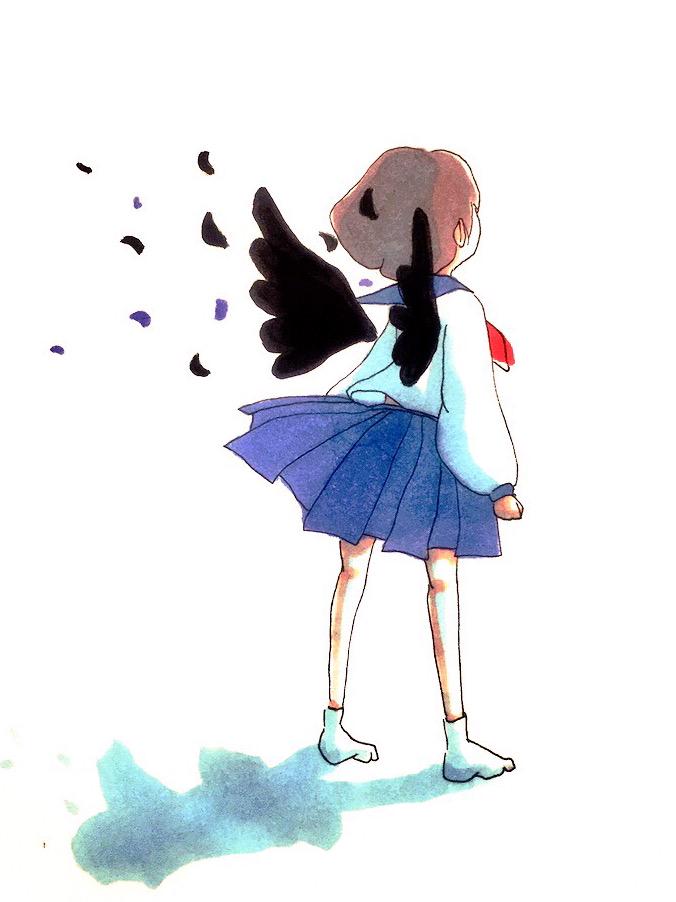 1girl black_wings blue_sailor_collar blue_skirt brown_hair commentary facing_away feathered_wings feathers from_behind full_body long_sleeves neckerchief no_shoes original pleated_skirt red_neckerchief sailor_collar sailor_shirt school_uniform serafuku shadow shirt short_hair simple_background skirt socks solo standing tokunaga_aoi traditional_media white_background white_shirt white_socks wind wings