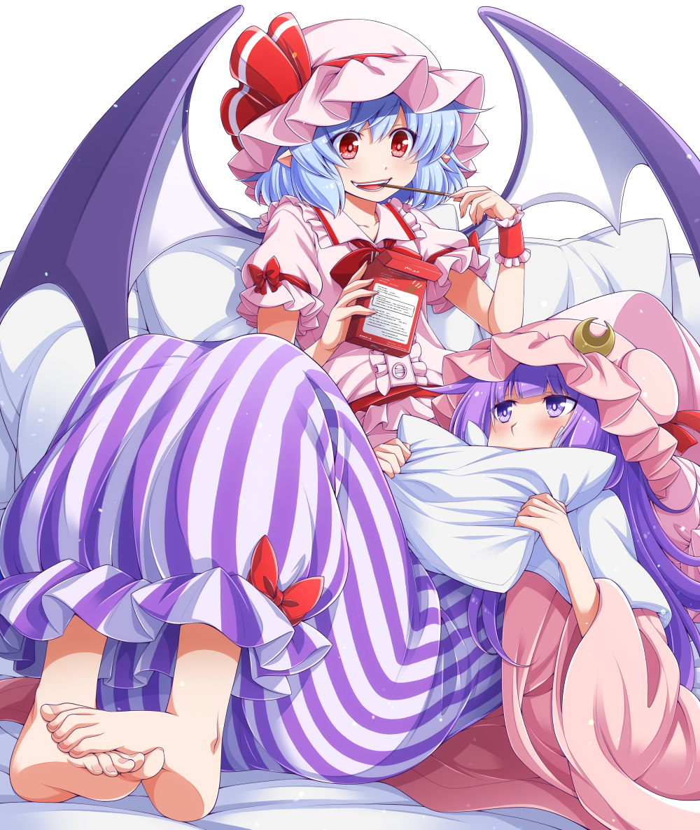 2girls bangs barefoot bat_wings blue_hair blunt_bangs blush bow bright_pupils center_frills collar commentary_request crescent crescent_hat_ornament dress eating eichi_yuu fang feet food food_in_mouth frilled_collar frilled_cuffs frills full_body hair_between_eyes hat hat_ornament hat_ribbon holding holding_food holding_pillow holding_pocky knees_up lap_pillow long_hair looking_at_another looking_up lying mob_cap multiple_girls object_hug on_back on_bed open_mouth patchouli_knowledge pillow pillow_hug pink_collar pink_headwear pink_shirt pocky pocky_in_mouth puffy_short_sleeves puffy_sleeves purple_dress purple_hair red_bow red_eyes red_ribbon red_wrist_cuffs remilia_scarlet ribbon shirt short_hair short_sleeves simple_background sitting smile striped striped_dress teeth toenails toes touhou vampire violet_eyes white_background white_dress wings