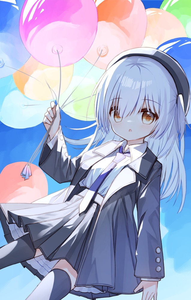 1girl balloon bangs beret black_headwear black_skirt black_thighhighs blue_sky brown_eyes ciela_(yuuhagi_(amaretto-no-natsu)) clouds collared_shirt commentary_request day grey_hair grey_jacket hair_between_eyes hat holding holding_balloon jacket long_sleeves looking_at_viewer necktie one_side_up open_clothes open_jacket original outdoors parted_lips pleated_skirt purple_necktie shirt skirt sky solo thigh-highs white_shirt yuuhagi_(amaretto-no-natsu)