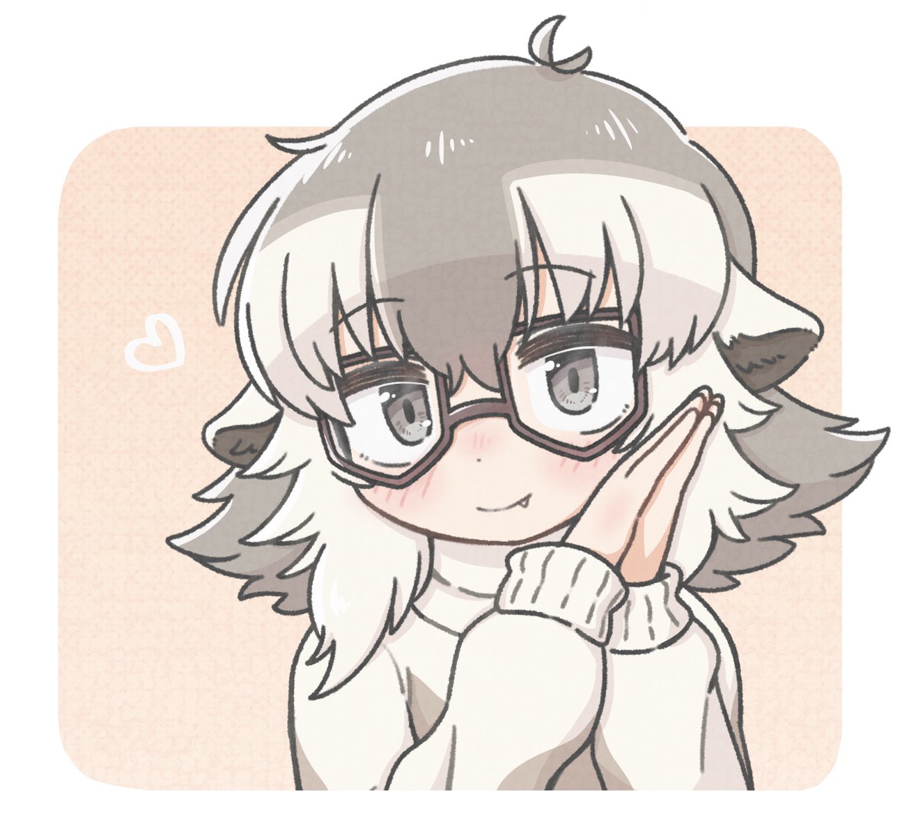 1girl blush closed_mouth fang fang_out glasses grey_eyes grey_hair heart kemono_friends long_sleeves looking_at_viewer meerkat_(kemono_friends) multicolored_hair short_hair smile solo sweater tamurambo upper_body white_hair white_sweater