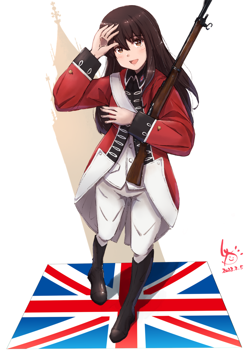 1girl akagi_(kancolle) alternate_costume boots brown_eyes brown_footwear brown_hair coat commission full_body highres kantai_collection ld_(luna_dial398) long_hair long_sleeves military military_uniform pants red_coat sash sidelocks skeb_commission solo standing straight_hair uniform union_jack white_pants white_sash