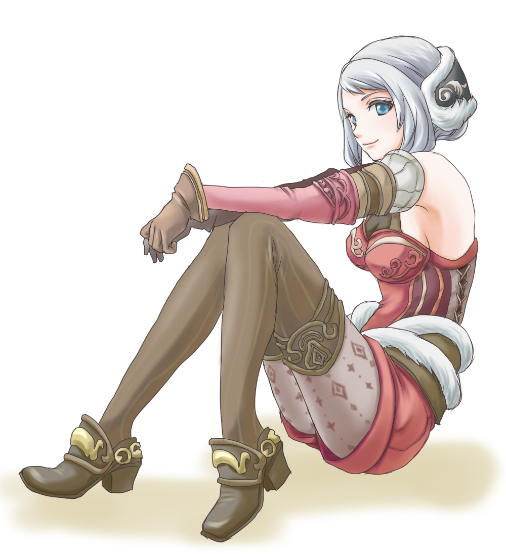 1girl arciela_v_adoulin bare_shoulders blue_eyes blush breasts brown_footwear brown_gloves brown_thighhighs closed_mouth detached_sleeves earmuffs final_fantasy final_fantasy_xi fur_trim gloves grey_hair grey_pantyhose hume jumpsuit layered_legwear layered_sleeves long_sleeves medium_breasts no_bra outstretched_arms pantyhose pink_sleeves print_legwear red_jumpsuit sakutsuki shoes short_hair short_jumpsuit sideboob sitting smile solo striped striped_thighhighs thigh-highs vertical-striped_thighhighs vertical_stripes