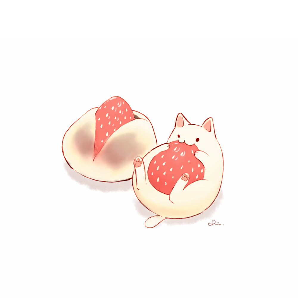 animal animal_focus biting cat chai_(drawingchisanne) daifuku eating food food-themed_creature food_focus fruit holding holding_food ichigo_daifuku looking_at_viewer lying no_humans on_back original signature simple_background solo strawberry undersized_animal wagashi white_background