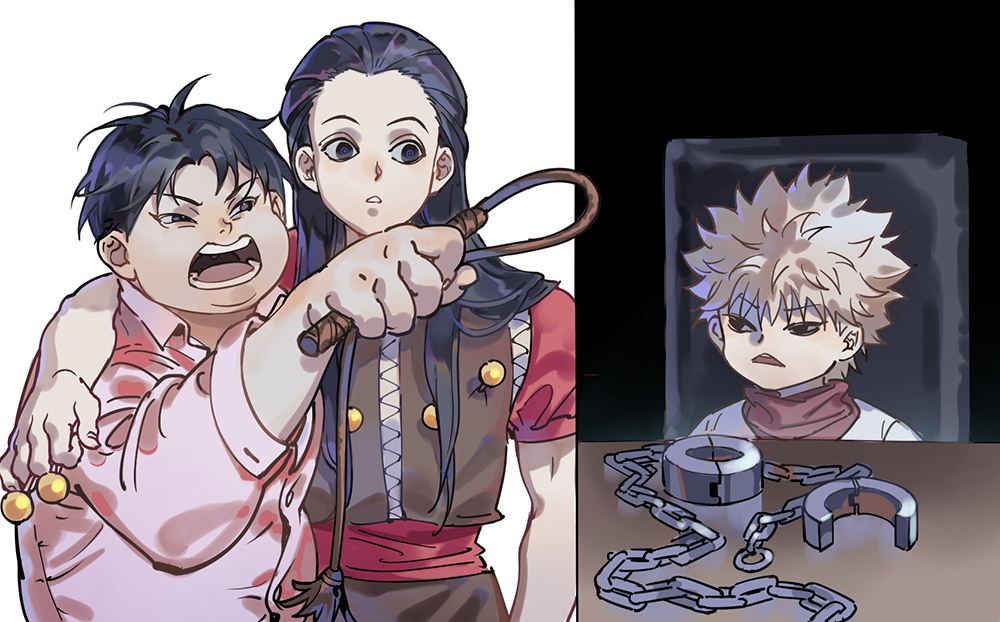 3boys angry annoyed arm_around_shoulder bangs between_fingers black_hair brothers chain chair cuffs expressionless hair_slicked_back holding holding_nail holding_weapon holding_whip hunter_x_hunter illumi_zoldyck killua_zoldyck long_hair long_sleeves male_focus meme milluki_zoldyck mr-study multiple_boys nail open_mouth outstretched_arm parted_bangs pink_shirt shackles shirt short_sleeves shouting siblings spiky_hair split_screen table turtleneck upper_body weapon white_background white_hair woman_yelling_at_cat_(meme)