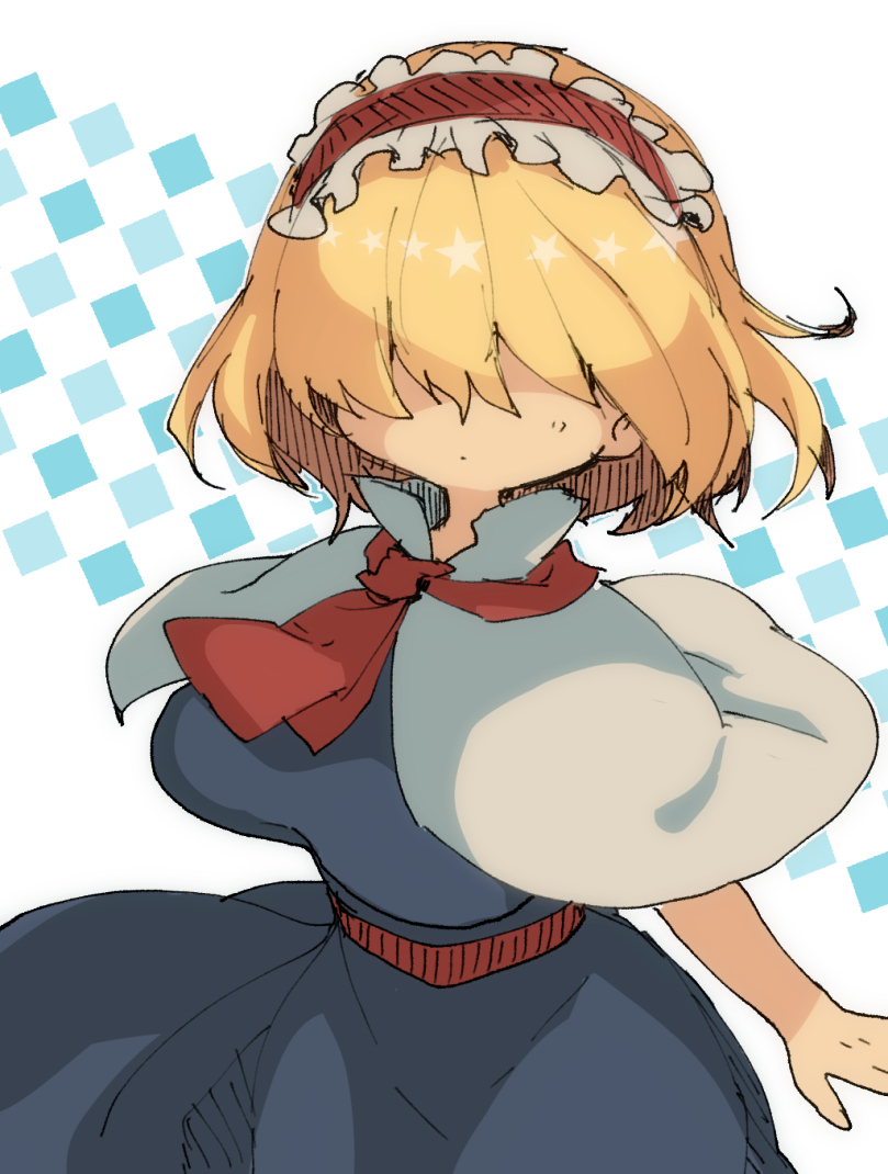 1girl alice_margatroid bangs blonde_hair blue_dress breasts capelet closed_mouth cookie_(touhou) cowboy_shot dress expressionless frilled_hairband frills hair_between_eyes hairband jigen_(cookie) large_breasts nahori_(hotbeans) necktie red_hairband red_necktie red_sash sash solo standing touhou white_background white_capelet