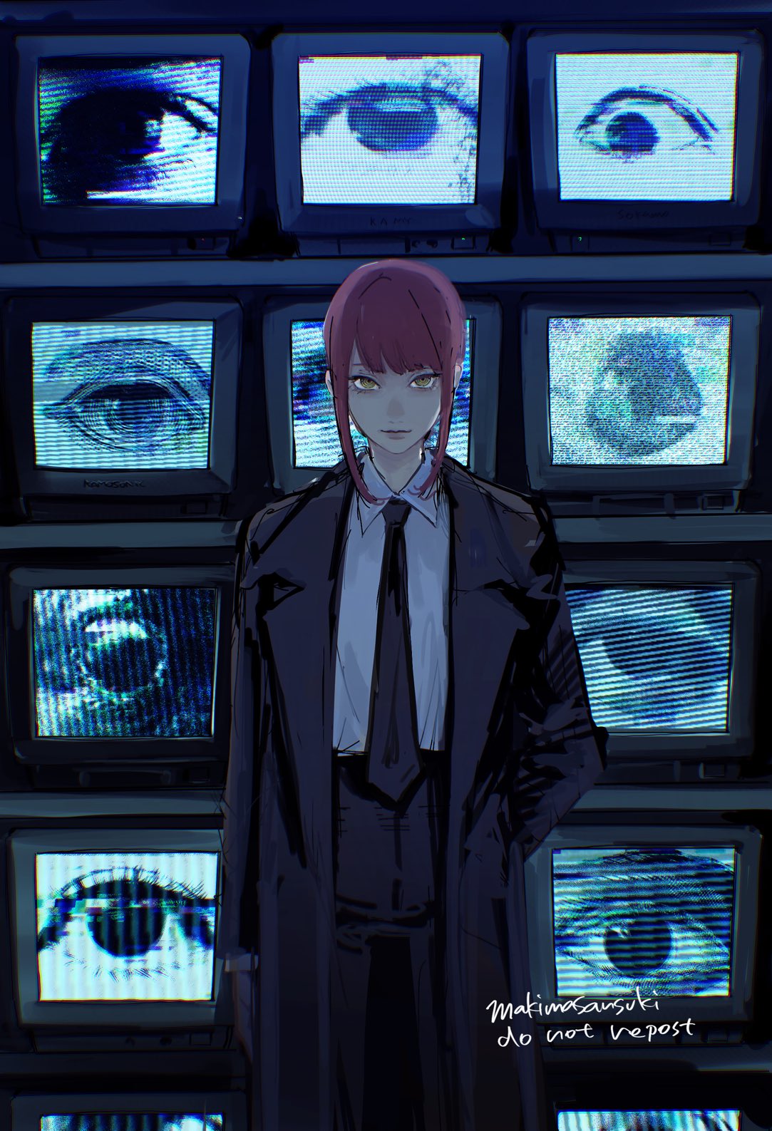 1girl artist_name bangs black_coat black_necktie black_pants chainsaw_man coat collared_shirt crt eye_focus formal hand_in_pocket highres kamo_(kamonegioisi) looking_at_viewer makima_(chainsaw_man) medium_hair necktie pants redhead shirt shirt_tucked_in sidelocks smile solo static suit television watermark white_shirt