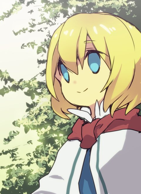 1girl alice_margatroid bangs blonde_hair blue_dress blue_eyes capelet closed_mouth commentary cookie_(touhou) dress hair_between_eyes leaf looking_afar nahori_(hotbeans) red_scarf scarf short_hair smile solo touhou tree upper_body web_(cookie) white_capelet