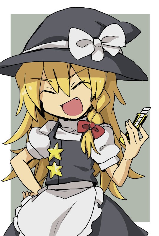 1girl apron bangs black_headwear black_skirt black_vest blonde_hair bow boxcutter braid closed_eyes cookie_(touhou) cowboy_shot fang flat_chest frilled_apron frills grey_background hair_between_eyes hair_bow hand_on_hip hat hat_bow holding_boxcutter kirisame_marisa long_hair nahori_(hotbeans) open_mouth puffy_short_sleeves puffy_sleeves red_bow shirt short_sleeves side_braid single_braid skirt skirt_set smile solo star_(symbol) suzu_(cookie) touhou turtleneck two-tone_background vest waist_apron white_apron white_background white_bow white_shirt witch_hat