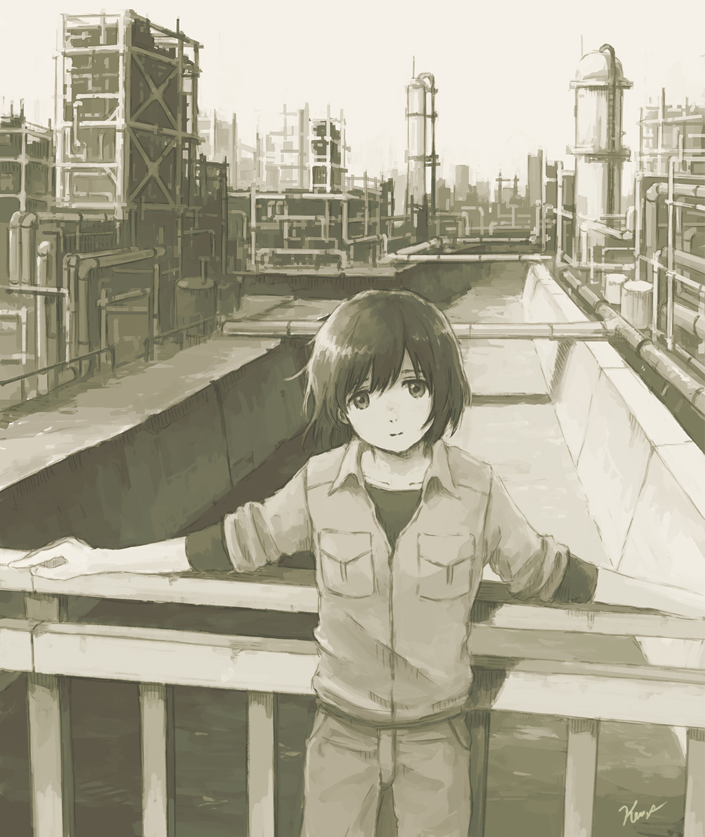 1girl bangs breast_pocket canal city closed_mouth collared_shirt factory highres industrial_pipe kensight328 light_smile looking_at_viewer monochrome original outstretched_arms pants pocket railing sepia shirt short_hair signature sleeves_rolled_up solo standing